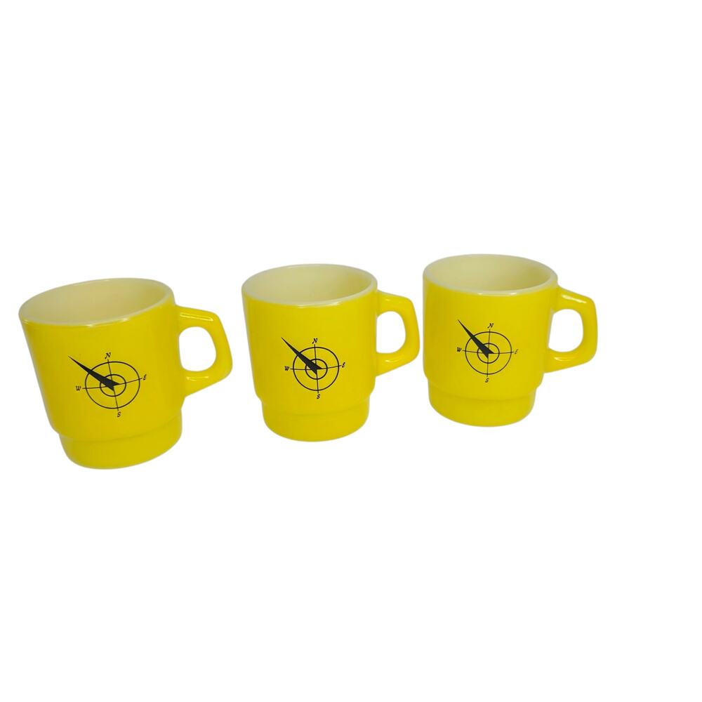 Vintage Fire King Anchor Hocking Compass Mug Set Yellow Black USA 3pc